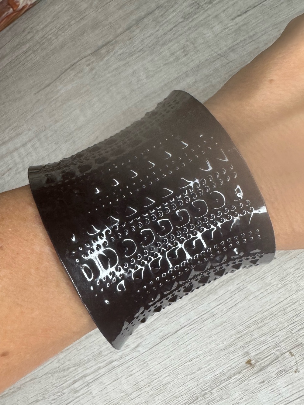 Glossy Brown Textured Wide Cuff Metal Bracelet
